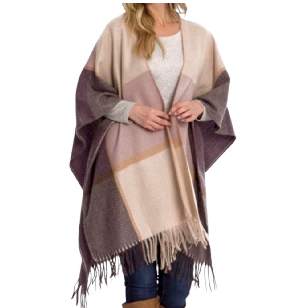 WOOLRICH Beige/Purple RUANA BLANKET PONCHO Cozy Wrap Shawl Fringe Colorblock OS